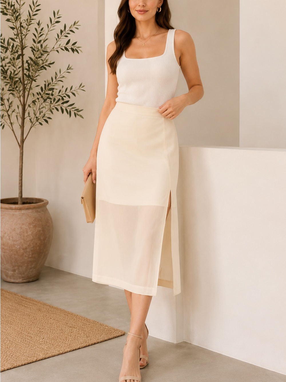 NWT A New Day Cream Sheer Overlay Midi Skirt Size 8 Side Slit
